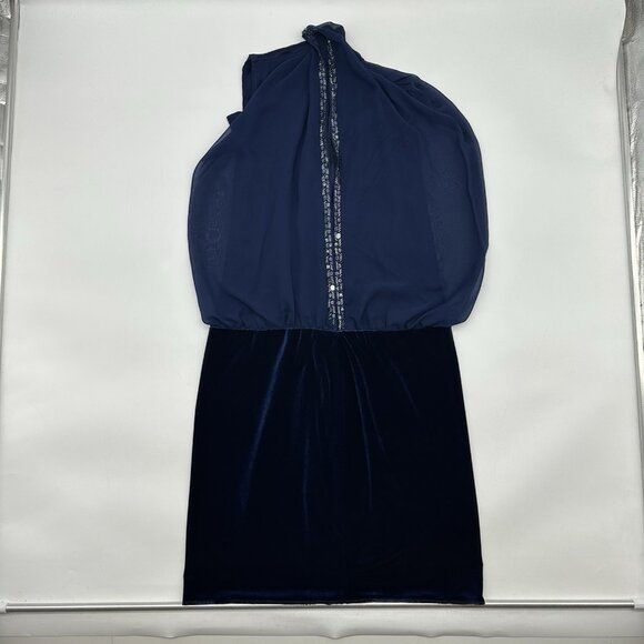Cache Women's Size 4 Navy Blue Chiffon Formal Beaded Velvet Skirt Blouson Dress - Picture 4 of 9
